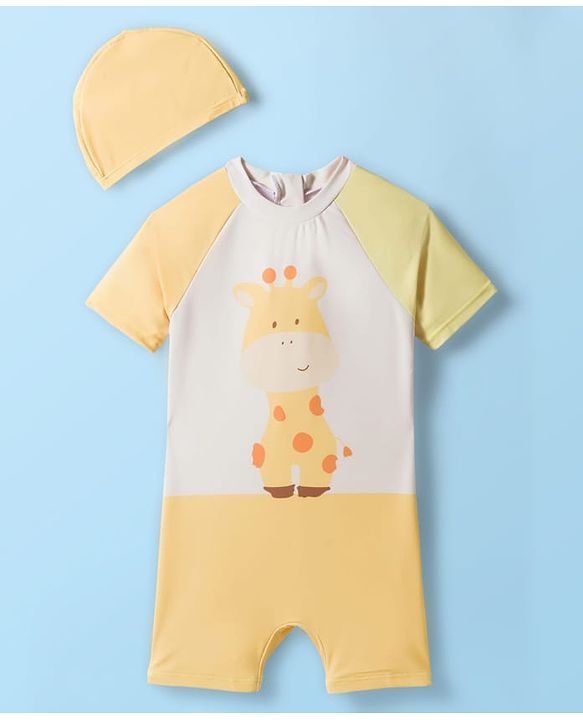 Babyhug Raglan Half Sleeves Giraffe Printed Legged Swimsuit With Cap - Light Yellow & White