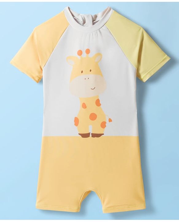 Babyhug Raglan Half Sleeves Giraffe Printed Legged Swimsuit With Cap - Light Yellow & White