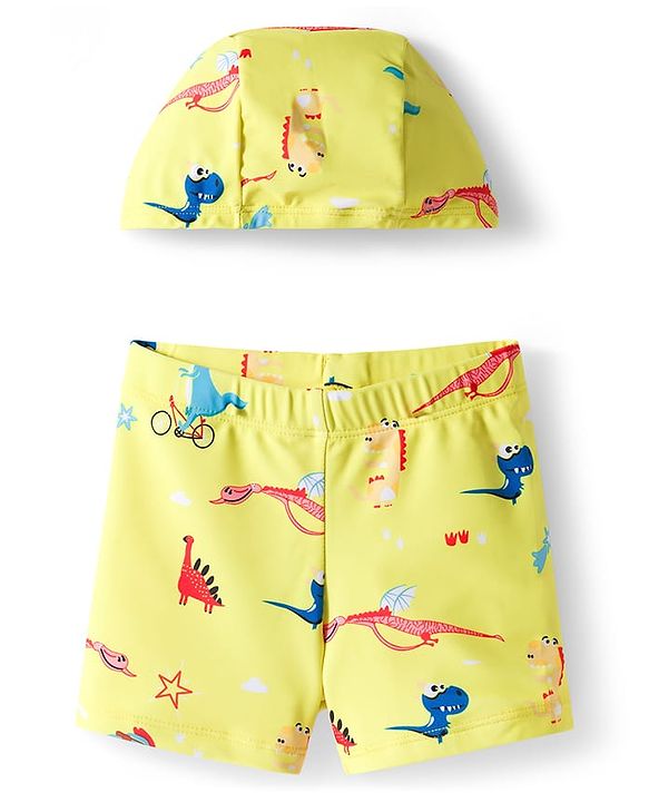 Babyhug Dino Printed Swimming Trunk With Cap - Yellow