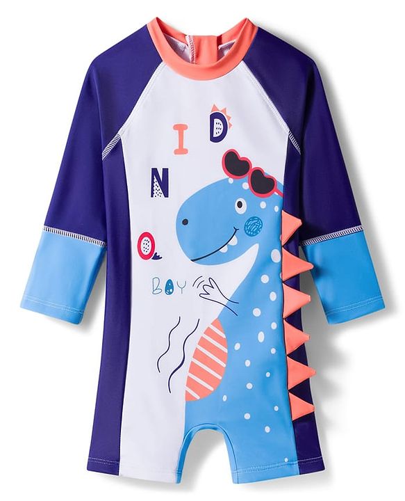 Babyhug Full Raglan Sleeves Legged Swimsuit With Dino Print - Navy Blue