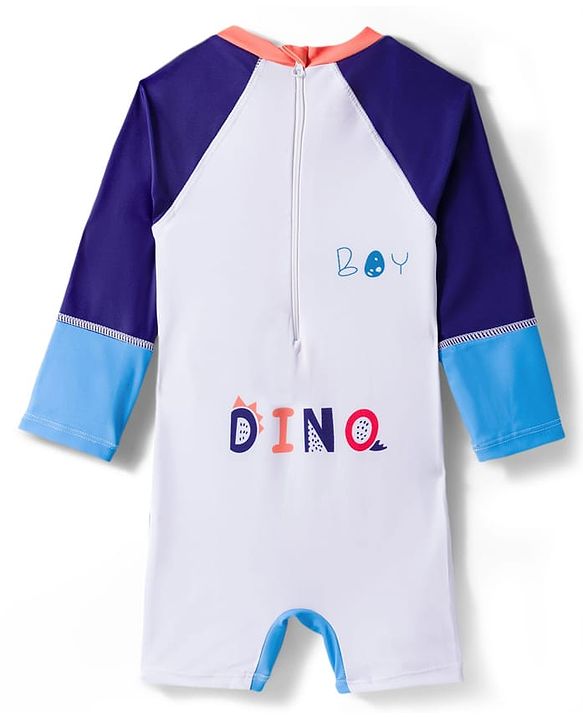 Babyhug Full Raglan Sleeves Legged Swimsuit With Dino Print - Navy Blue
