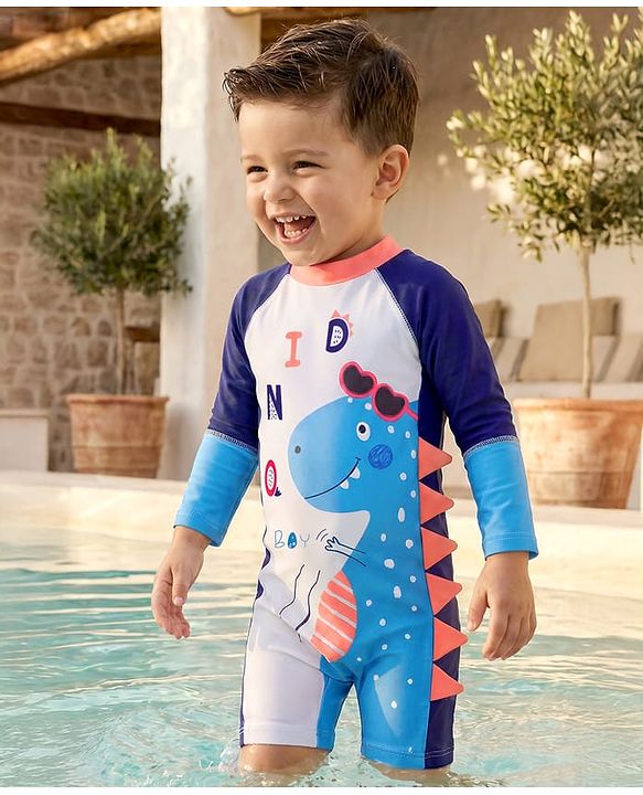Babyhug Full Raglan Sleeves Legged Swimsuit With Dino Print - Navy Blue