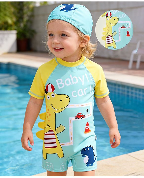 Babyhug Half Raglan Sleeves Legged Swimsuit With Dino Print & Cap - Light Blue