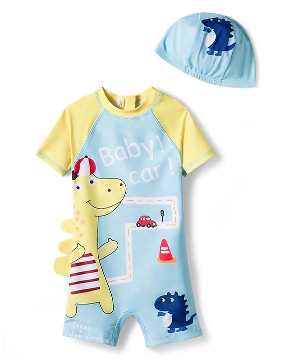 Babyhug Half Raglan Sleeves Legged Swimsuit With Dino Print & Cap - Light Blue