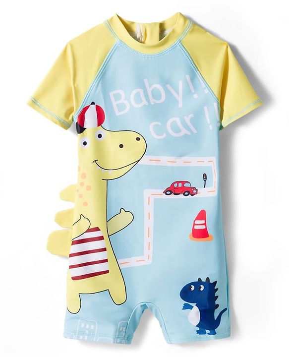 Babyhug Half Raglan Sleeves Legged Swimsuit With Dino Print & Cap - Light Blue