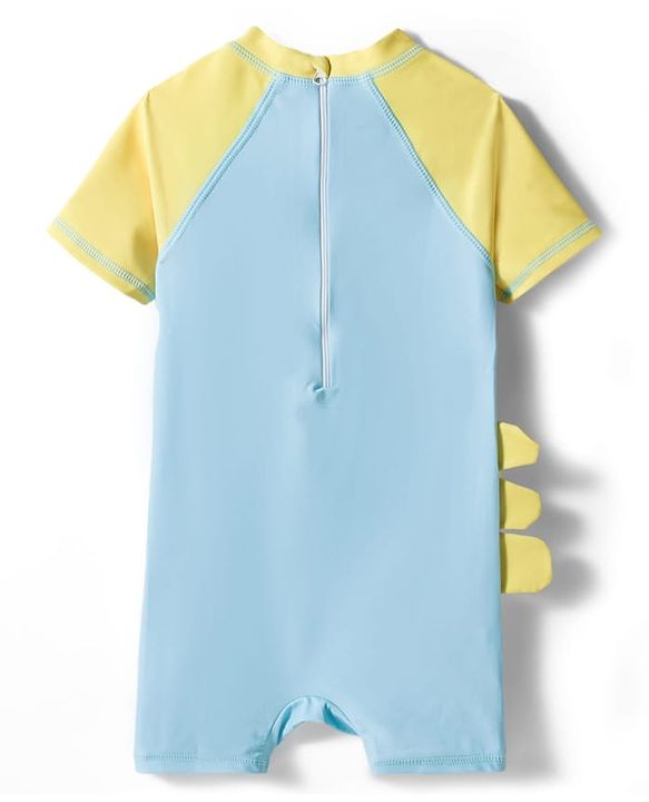 Babyhug Half Raglan Sleeves Legged Swimsuit With Dino Print & Cap - Light Blue