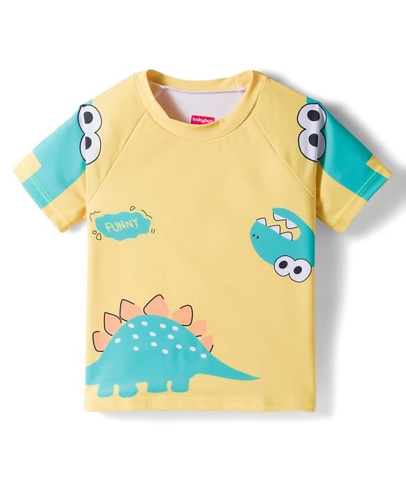 Babyhug Raglan Half Sleeves Dino Printed T-Shirt & Shorts Swimsuit With Cap - Yellow