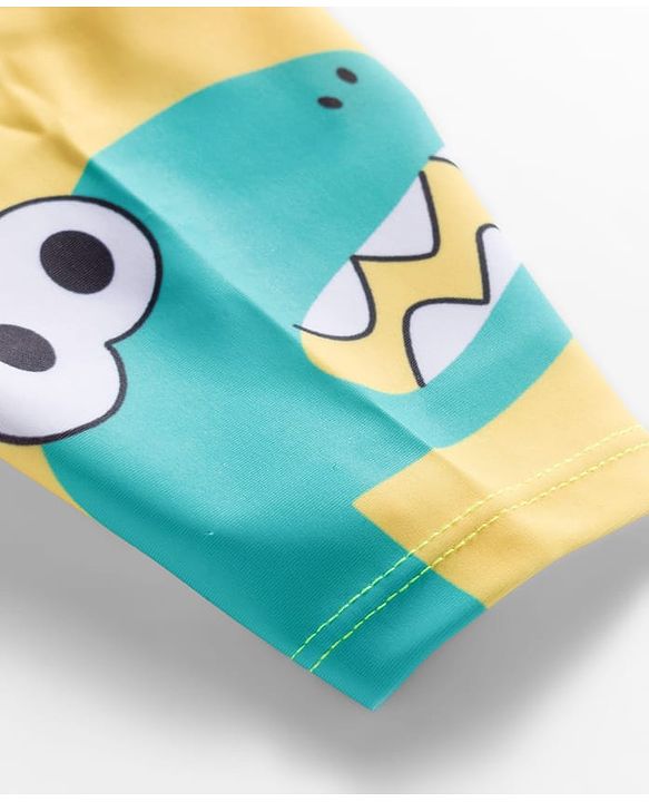 Babyhug Raglan Half Sleeves Dino Printed T-Shirt & Shorts Swimsuit With Cap - Yellow