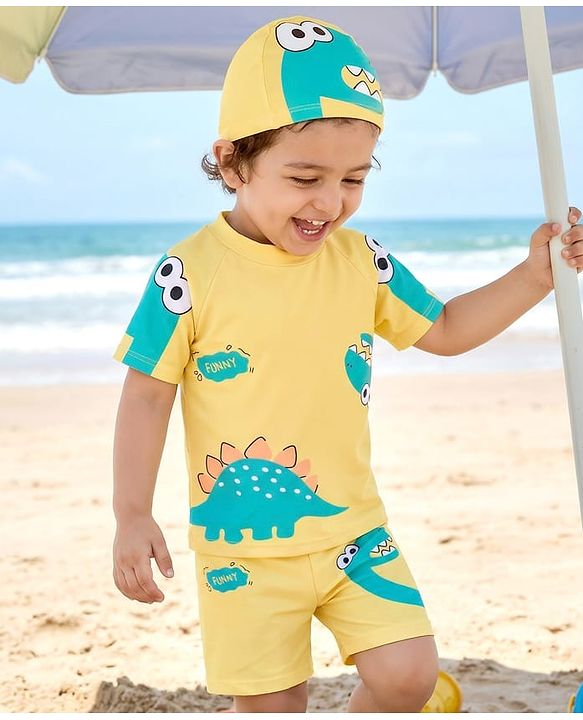 Babyhug Raglan Half Sleeves Dino Printed T-Shirt & Shorts Swimsuit With Cap - Yellow