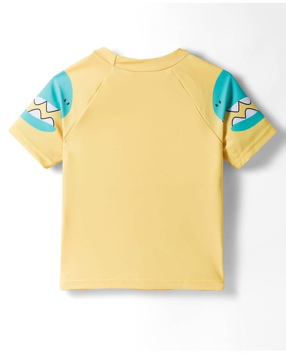 Babyhug Raglan Half Sleeves Dino Printed T-Shirt & Shorts Swimsuit With Cap - Yellow