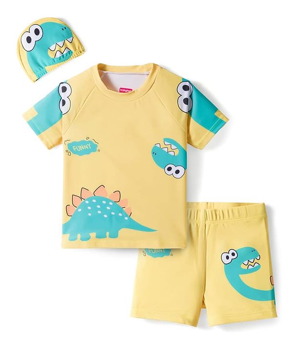 Babyhug Raglan Half Sleeves Dino Printed T-Shirt & Shorts Swimsuit With Cap - Yellow