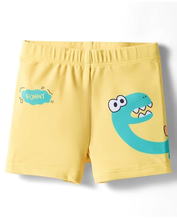 Babyhug Raglan Half Sleeves Dino Printed T-Shirt & Shorts Swimsuit With Cap - Yellow