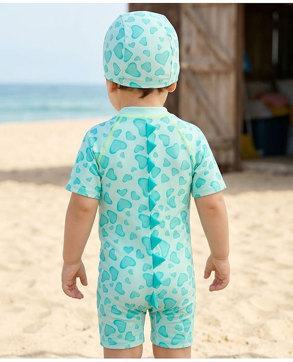 Babyhug Half Raglan Sleeves Legged Swimsuit With Dino Print & Cap - Sea Green