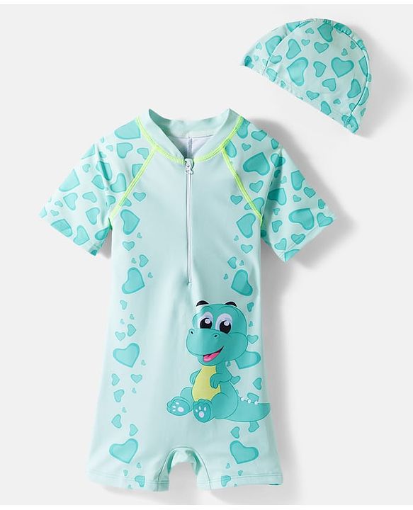 Babyhug Half Raglan Sleeves Legged Swimsuit With Dino Print & Cap - Sea Green