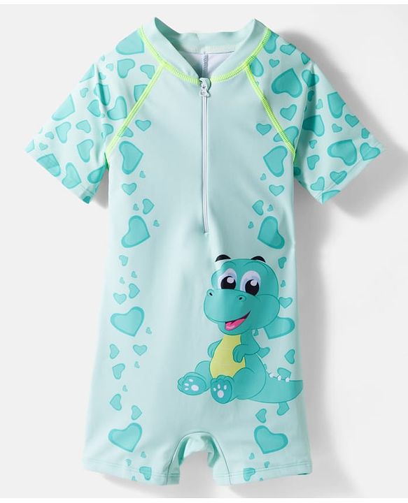 Babyhug Half Raglan Sleeves Legged Swimsuit With Dino Print & Cap - Sea Green