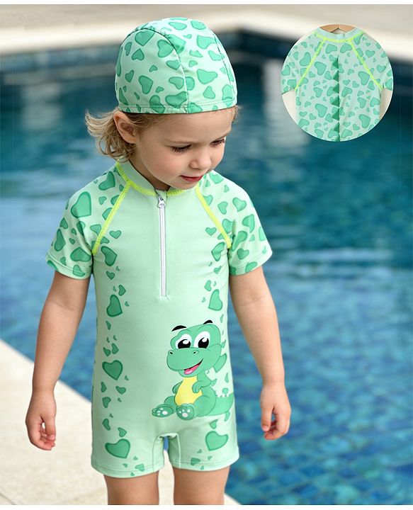 Babyhug Half Raglan Sleeves Legged Swimsuit With Dino Print & Cap - Sea Green