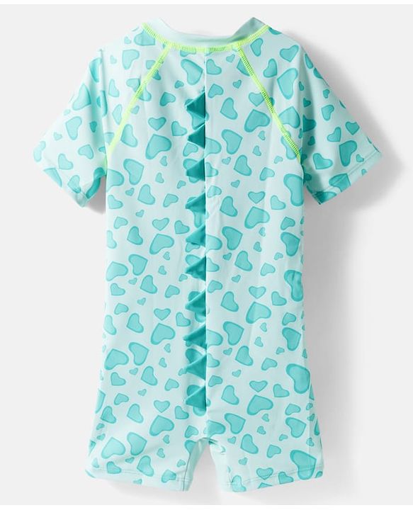 Babyhug Half Raglan Sleeves Legged Swimsuit With Dino Print & Cap - Sea Green