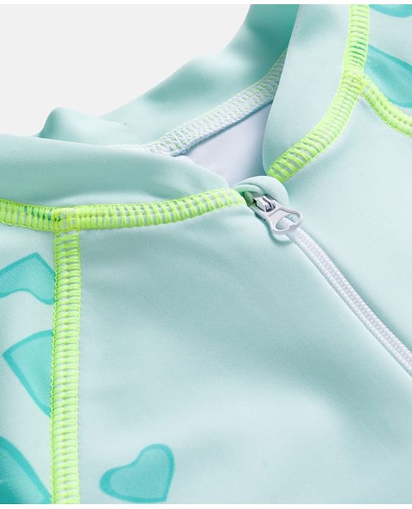 Babyhug Half Raglan Sleeves Legged Swimsuit With Dino Print & Cap - Sea Green