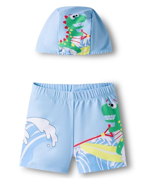Babyhug Dino Printed Swimming Trunk With Cap - Light Blue
