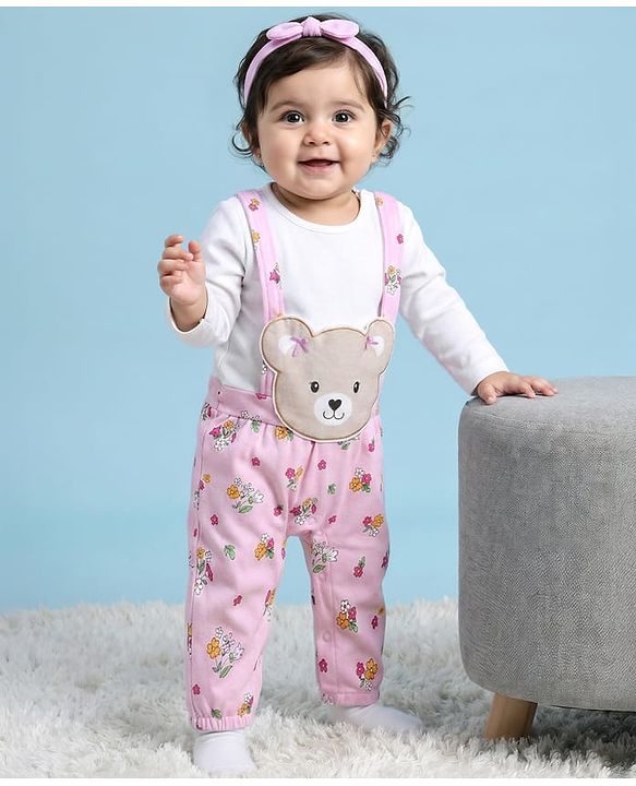 Babyhug 100% Cotton Knit Full Sleeves Floral Printed Romper With Teddy Bear Patch & Hairband - Light Pink