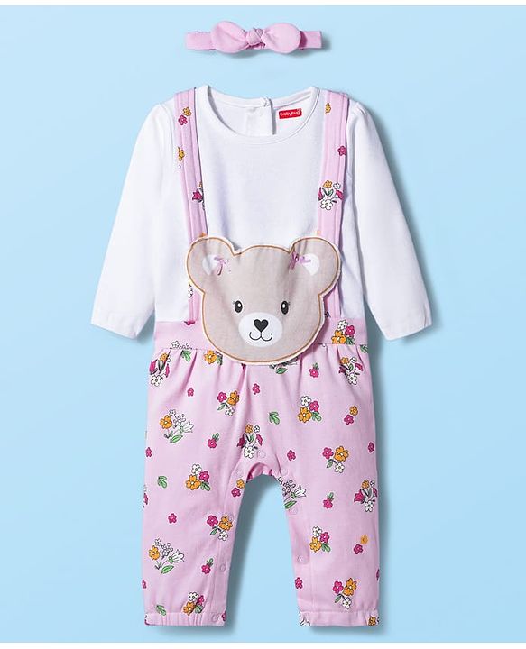 Babyhug 100% Cotton Knit Full Sleeves Floral Printed Romper With Teddy Bear Patch & Hairband - Light Pink