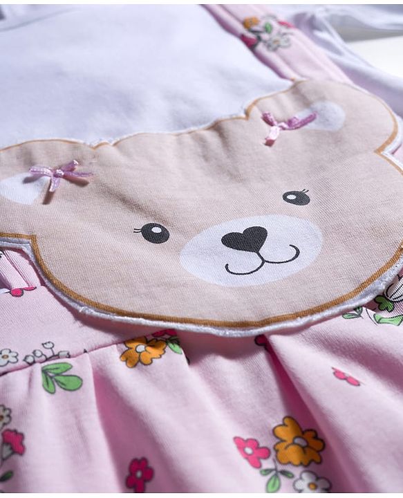 Babyhug 100% Cotton Knit Full Sleeves Floral Printed Romper With Teddy Bear Patch & Hairband - Light Pink