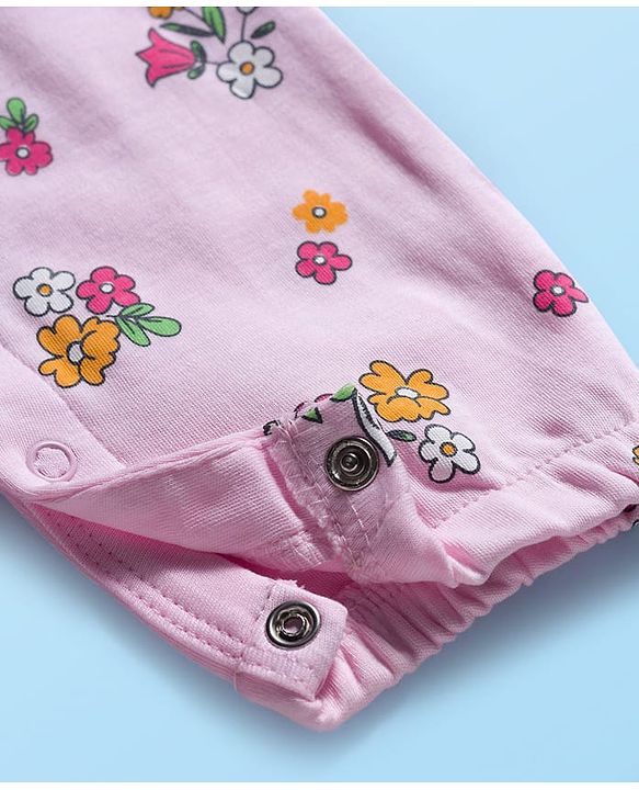 Babyhug 100% Cotton Knit Full Sleeves Floral Printed Romper With Teddy Bear Patch & Hairband - Light Pink