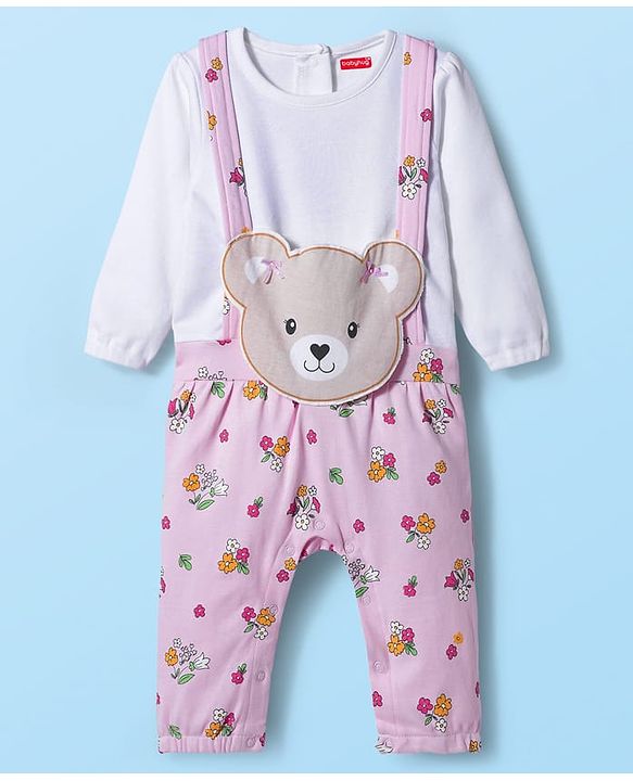 Babyhug 100% Cotton Knit Full Sleeves Floral Printed Romper With Teddy Bear Patch & Hairband - Light Pink