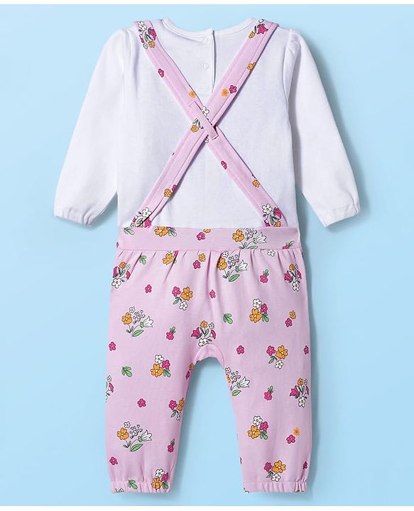 Babyhug 100% Cotton Knit Full Sleeves Floral Printed Romper With Teddy Bear Patch & Hairband - Light Pink