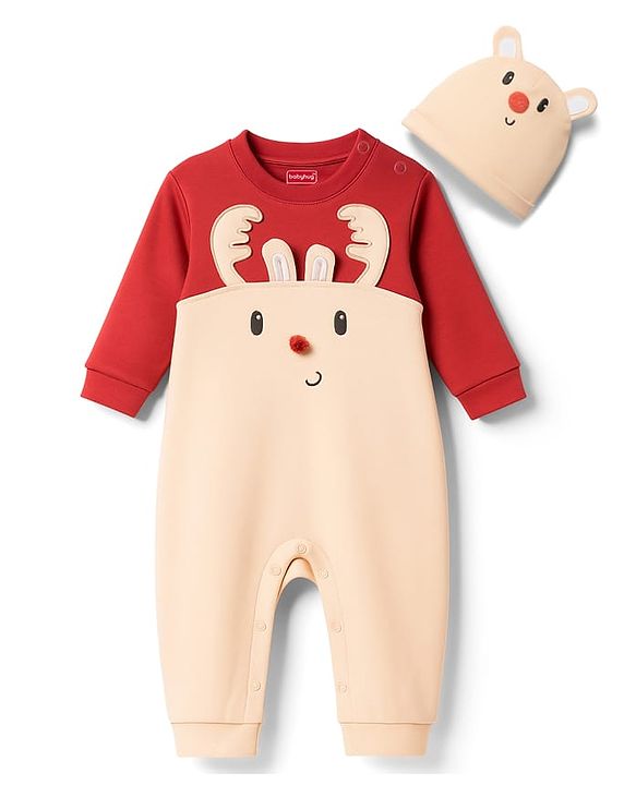 Babyhug 100% Cotton Knit Full Sleeves Romper With Cap & Deer Applique - Beige