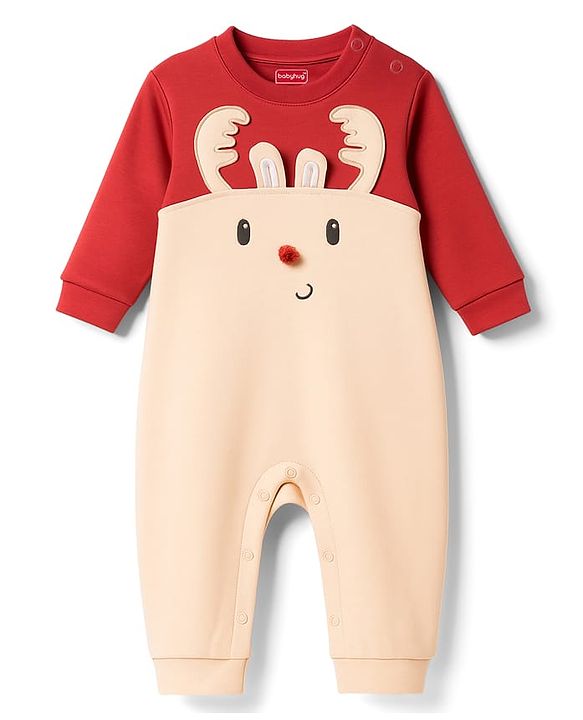 Babyhug 100% Cotton Knit Full Sleeves Romper With Cap & Deer Applique - Beige