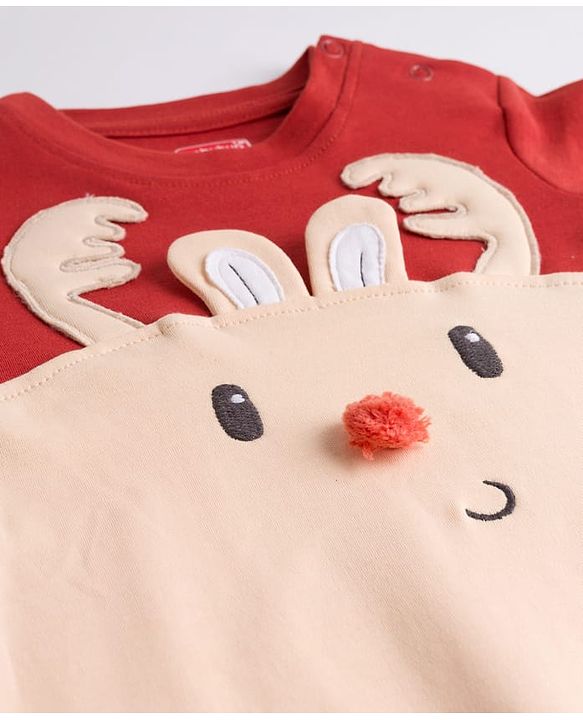 Babyhug 100% Cotton Knit Full Sleeves Romper With Cap & Deer Applique - Beige