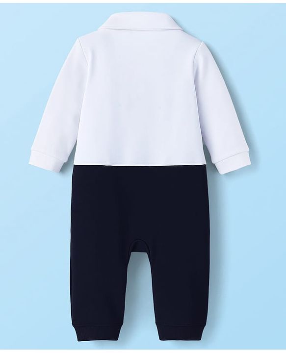 Babyhug 100% Cotton Knit Full Sleeves Romper With Animal & Bow Applique - Navy Blue & White