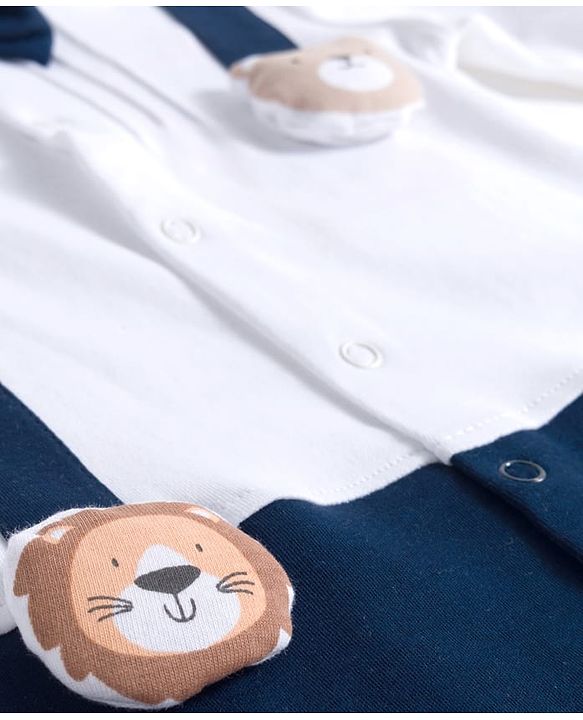 Babyhug 100% Cotton Knit Full Sleeves Romper With Animal & Bow Applique - Navy Blue & White
