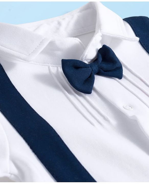 Babyhug 100% Cotton Knit Full Sleeves Romper With Animal & Bow Applique - Navy Blue & White