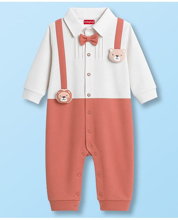 Babyhug 100% Cotton Knit Full Sleeves Romper With Animal & Bow Applique - Brown