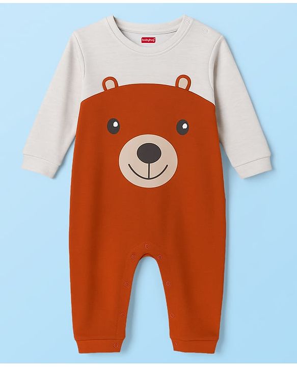 Babyhug 100% Cotton Knit Full Sleeves Romper With Cap Bear Embroidery & Applique - Brown