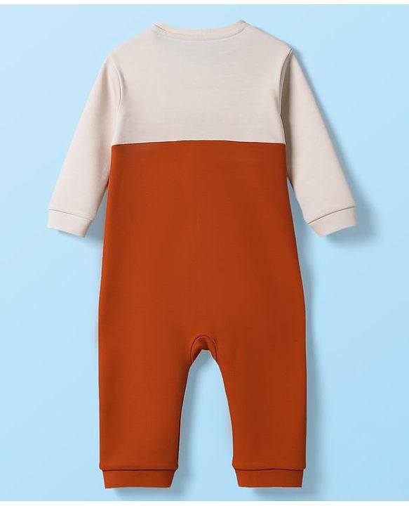 Babyhug 100% Cotton Knit Full Sleeves Romper With Cap Bear Embroidery & Applique - Brown