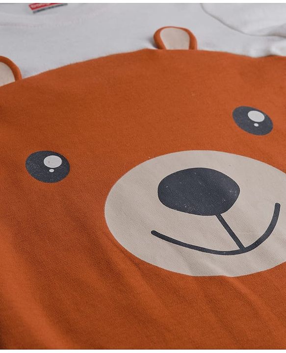 Babyhug 100% Cotton Knit Full Sleeves Romper With Cap Bear Embroidery & Applique - Brown