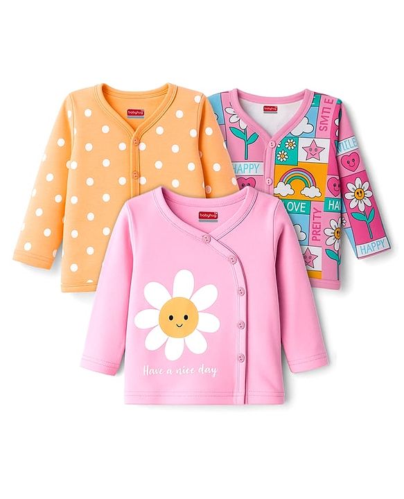 Babyhug 100% Cotton Knit Full Sleeves Front Open Jhablas with Floral & Polka Dot Print Pack of 3 - Pink & Orange