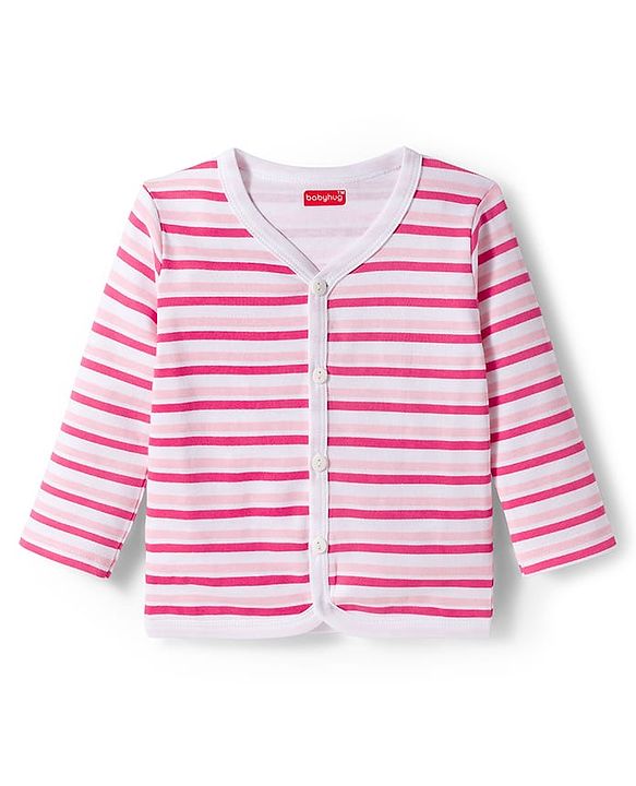 Babyhug 100% Cotton Knit Full Sleeves Front Open Jhablas With Stripe & Animal Print Pack of 3 - Pink Aqua Blue & Yellow