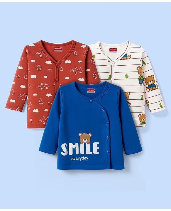 Babyhug 100% Cotton Knit Full Sleeves Front Open Jhablas with Animal Print & Stripes Pack of 3 - Rust Orange White & Blue