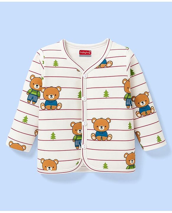 Babyhug 100% Cotton Knit Full Sleeves Front Open Jhablas with Animal Print & Stripes Pack of 3 - Rust Orange White & Blue