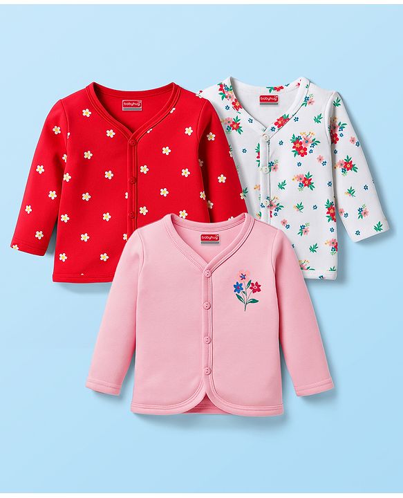 Babyhug 100% Cotton Knit Full Sleeves Front Open Jhablas with Floral Print Pack of 3 - Pink Red & White