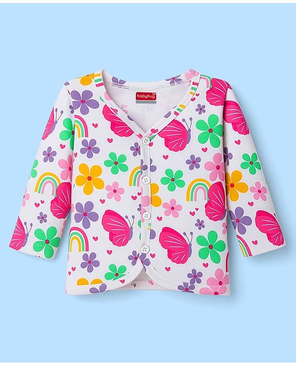 Babyhug 100% Cotton Knit Full Sleeves Front Open Jhablas with Tropical Theme Print Pack of 3 - White Navy Blue & Pink