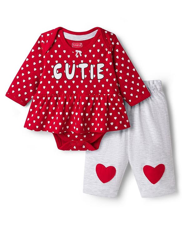 Babyhug Interlock Knit Full Sleeves Onesies With Leggings & Polka Dot Print - White