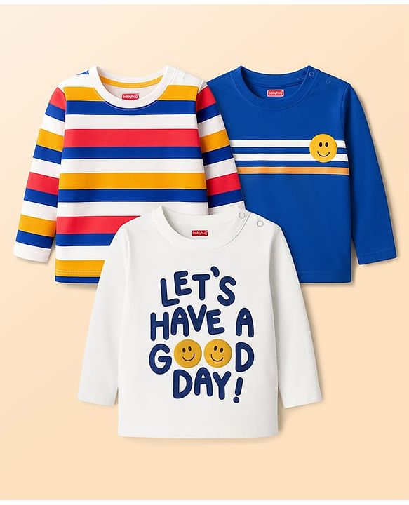 Babyhug 100 % Cotton Knit Full Sleeves T-Shirt with Stripes & Lets Have A Good Day Text Print Pack of 3 - Red White & Blue