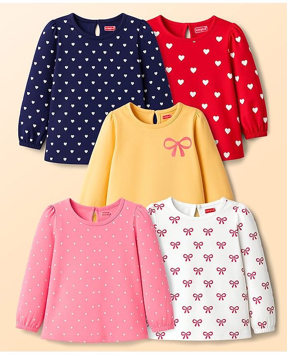 Babyhug 100% Cotton Knit Full Sleeves T-Shirts with Heart Bow & Polka Dot Print Pack of 5 - Pink White & Navy Blue