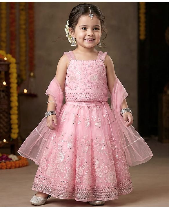 Babyhug Woven Sleeveless Mesh Choli Lehenga Set Dupatta Embroidery & Sequin Detailing - Pink