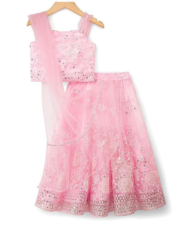 Babyhug Woven Sleeveless Mesh Choli Lehenga Set Dupatta Embroidery & Sequin Detailing - Pink
